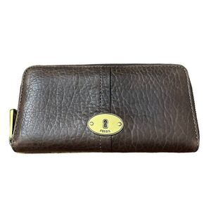 Vintage Fossil Brown Leather Organizer Clutch Wallet Clear ID Zipper Bronze